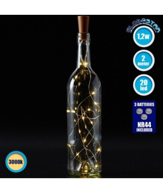 79790 Διακοσμητική Γιρλάντα 20 LED με Ασημένιο Συρμάτινο Καλώδιο 2 Μέτρων Μπαταρίας για Μπουκάλια Θερμό Λευκό 3000K